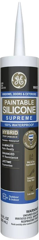GE Paintable Silicone Supreme 2733730 Window & Door Sealant, White, 24 hr Curing, 9.5 fl-oz Cartridge, Pack of 12