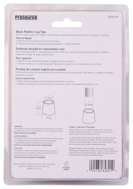 ProSource FE-50636-PS Furniture Leg Tip, Round, Rubber, Black, 1 in Dia, 1-1/2 in H
