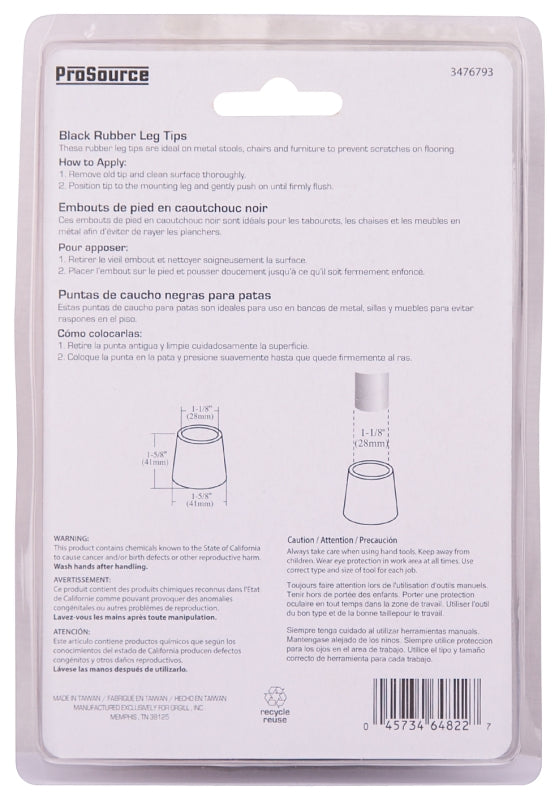 ProSource FE-50637-PS Furniture Leg Tip, Round, Rubber, Black, 1-1/8 in Dia, 1-5/8 in H