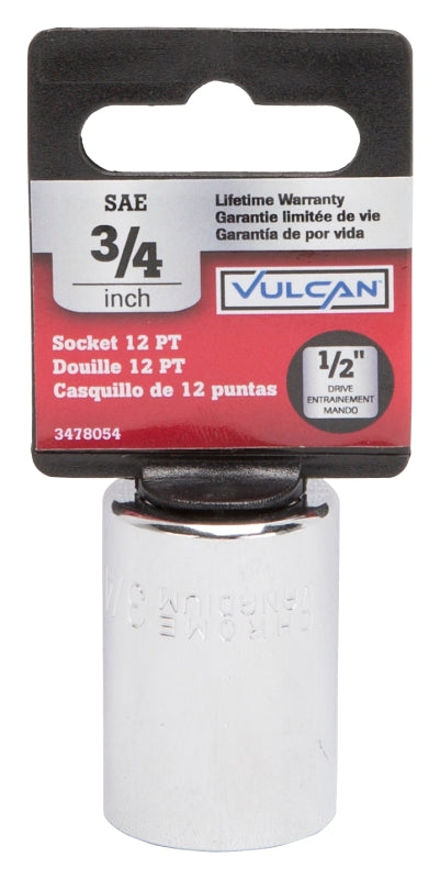 Vulcan MT6517270 Drive Socket, 3/4 in Socket, 1/2 in Drive, 12-Point, Chrome Vanadium Steel, Chrome