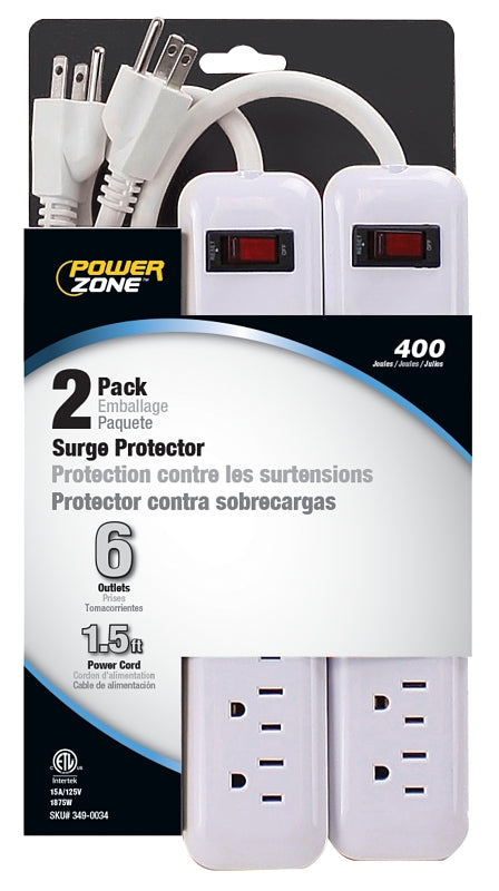 PowerZone OR2013X2 Surge Protector, 125 V, 15 A, 6-Outlet, 400 Joules Energy, White