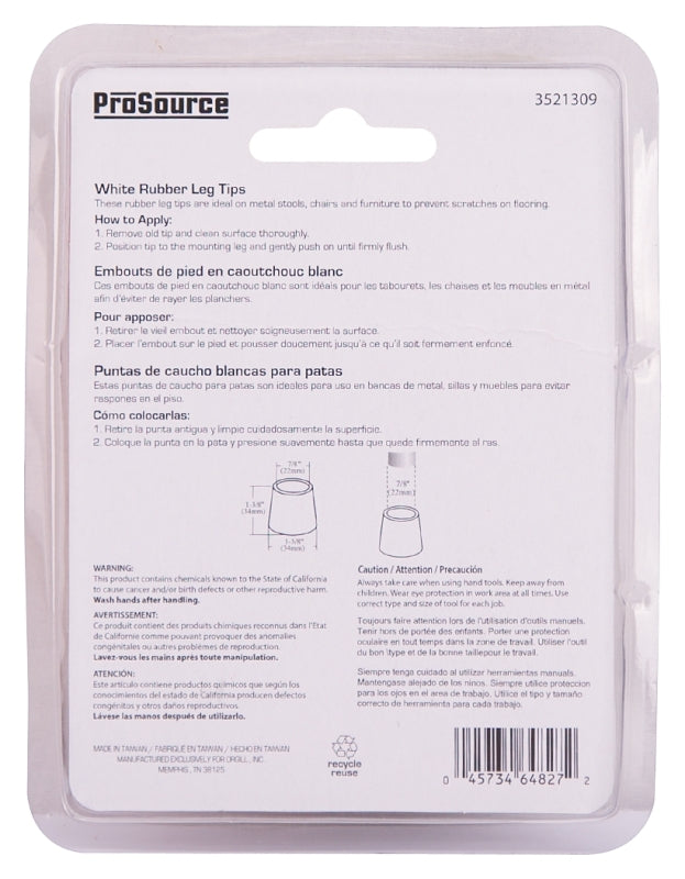 ProSource FE-50644-PS Furniture Leg Tip, Round, Rubber, White, 7/8 in Dia, 1-3/8 in H