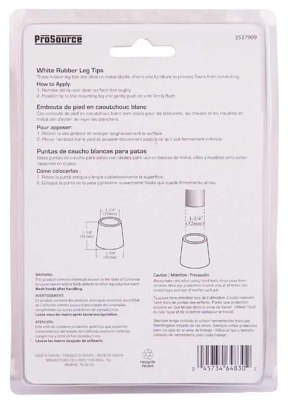 ProSource FE-50647-PS Furniture Leg Tip, Round, Rubber, White, 1-1/4 in Dia, 1-5/8 in H