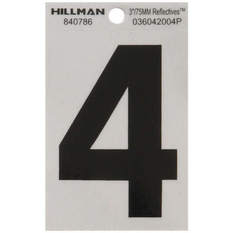 HILLMAN 3 in. Reflective Black Vinyl Self-Adhesive Number 4 1 pc, Pack of 6
