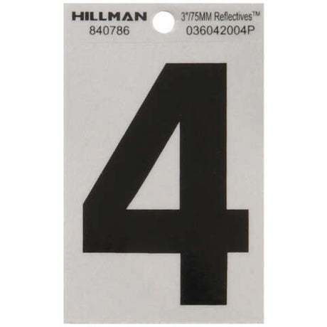 HILLMAN 3 in. Reflective Black Vinyl Self-Adhesive Number 4 1 pc, Pack of 6