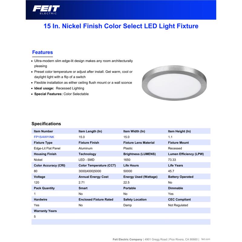 Feit EDGELIT 1.1 in. H X 15 in. W X 15 in. L Nickel Silver LED Flat Panel Light Fixture