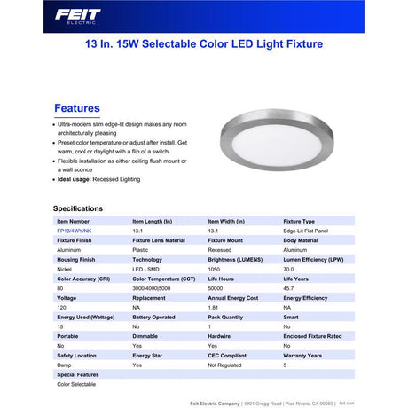 Feit EDGELIT 1.1 in. H X 13.1 in. W X 13.1 in. L Nickel White LED Flat Panel Light Fixture