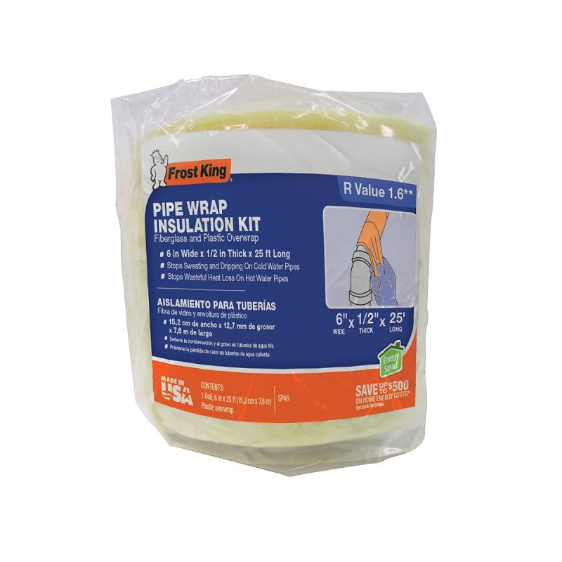 Frost King SP46 Pipe Wrap Kit, 25 ft L, 6 in W, 1/2 in Thick, Fiberglass