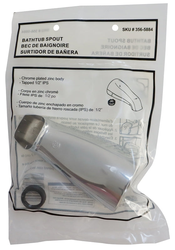 ProSource 24500 Bathtub Spout, 5-1/8 in L, 3/4 x 1/2 in Connection, IPS, Zinc, Chrome Plated