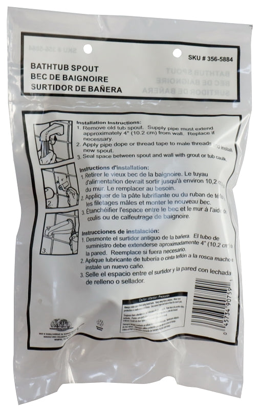 ProSource 24500 Bathtub Spout, 5-1/8 in L, 3/4 x 1/2 in Connection, IPS, Zinc, Chrome Plated