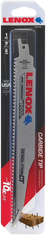 Lenox Demolition CT 1832143 Reciprocating Saw Blade, 1 in W, 9 in L, 6 TPI, Carbide Cutting Edge