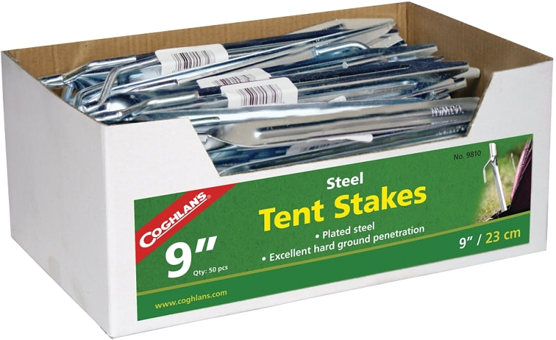 Coghlan's 9810 Tent Stake, 9 in L, 5/8 in W, Steel, Silver, Pack of 50