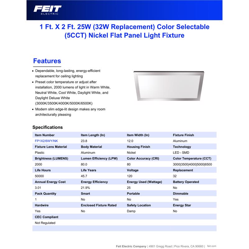 Feit EDGELIT 1 in. H X 12 in. W X 23.8 in. L Brushed Nickel White LED Flat Panel Light Fixture