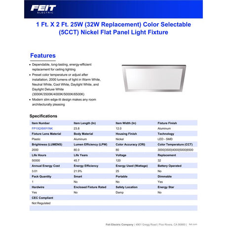 Feit EDGELIT 1 in. H X 12 in. W X 23.8 in. L Brushed Nickel White LED Flat Panel Light Fixture