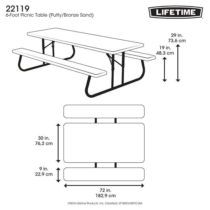 Lifetime Products 60110 Picnic Table, 30 in W, 72 in D, 29 in H, HDPE Table, Foldable