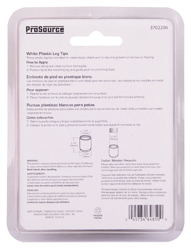 ProSource FE-50616-PS Furniture Leg Tip, Round, Plastic, White, 1-1/4 in Dia, 1-1/8 in H