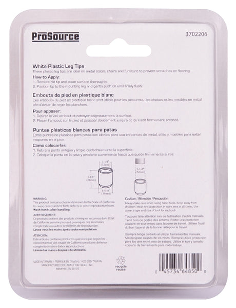ProSource FE-50616-PS Furniture Leg Tip, Round, Plastic, White, 1-1/4 in Dia, 1-1/8 in H