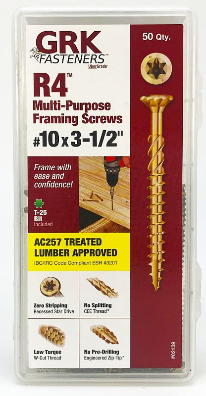 GRK Fasteners R4 02139 Framing and Decking Screw, #10 Thread, 3-1/2 in L, Star Drive, Steel, 50 PK