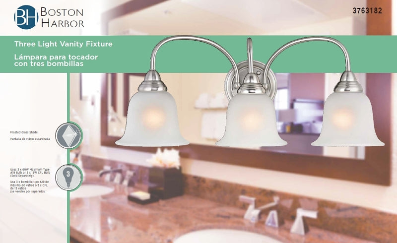 Boston Harbor LYB130928-3VL-BN Vanity Light Fixture, 60 W, 3-Lamp, A19 or CFL Lamp, Steel Fixture