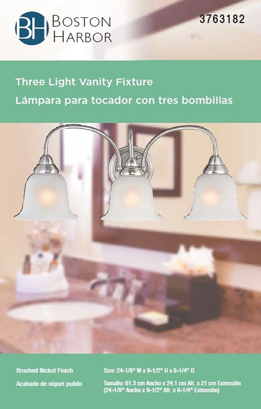 Boston Harbor LYB130928-3VL-BN Vanity Light Fixture, 60 W, 3-Lamp, A19 or CFL Lamp, Steel Fixture