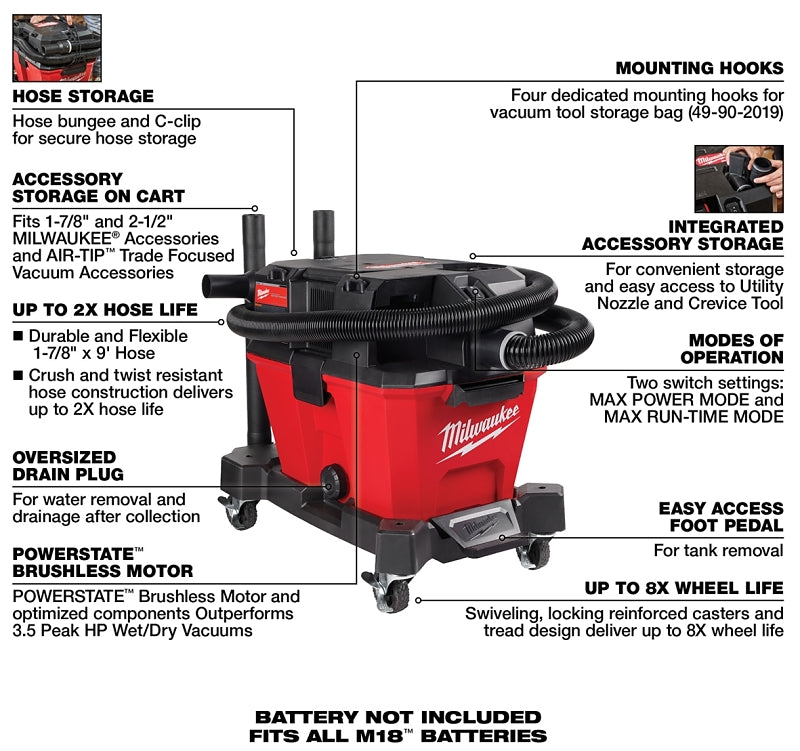 Milwaukee M18 FUEL 0910-20 Wet/Dry Vacuum, 6 gal, 87 cfm Air, Cartridge, 18 V