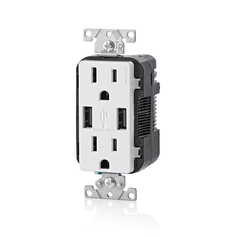 Leviton Decora 15 amps 125 V Duplex White Outlet and USB Charger 5-15R 3 pk