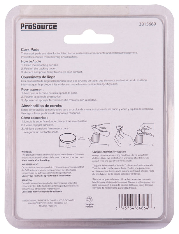 ProSource FE-50702-PS Furniture Pad, Cork, Brown, 1 in Dia, 5/64 in Thick, Round