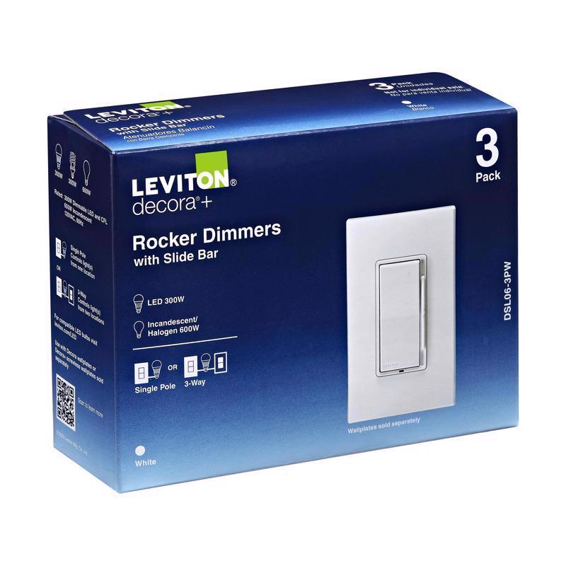 Leviton Decora White 600 W Rocker Dimmer Switch 3 pk