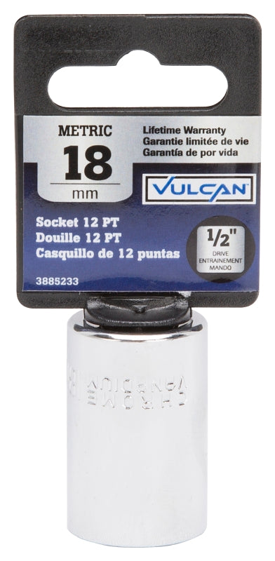Vulcan MT6529952 Drive Socket, 18 mm Socket, 1/2 in Drive, 12-Point, Chrome Vanadium Steel, Chrome