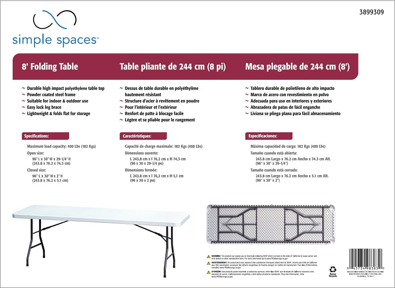 Simple Spaces DL-C2403L Banquet Table, 8 ft OAW, 30 in OAD, 29-1/4 in OAH, Steel Frame, Polyethylene Tabletop
