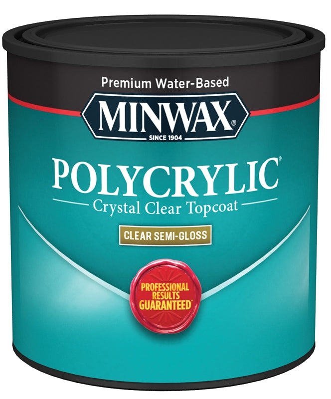 Minwax Polycrylic 244444444 Polyurethane, Semi-Gloss, Liquid, Crystal Clear, 0.5 pt Can