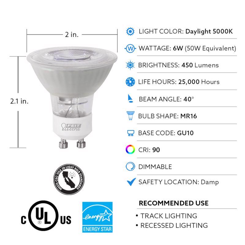 Feit Enhance MR16 GU10 LED Bulb Daylight 50 Watt Equivalence 3 pk