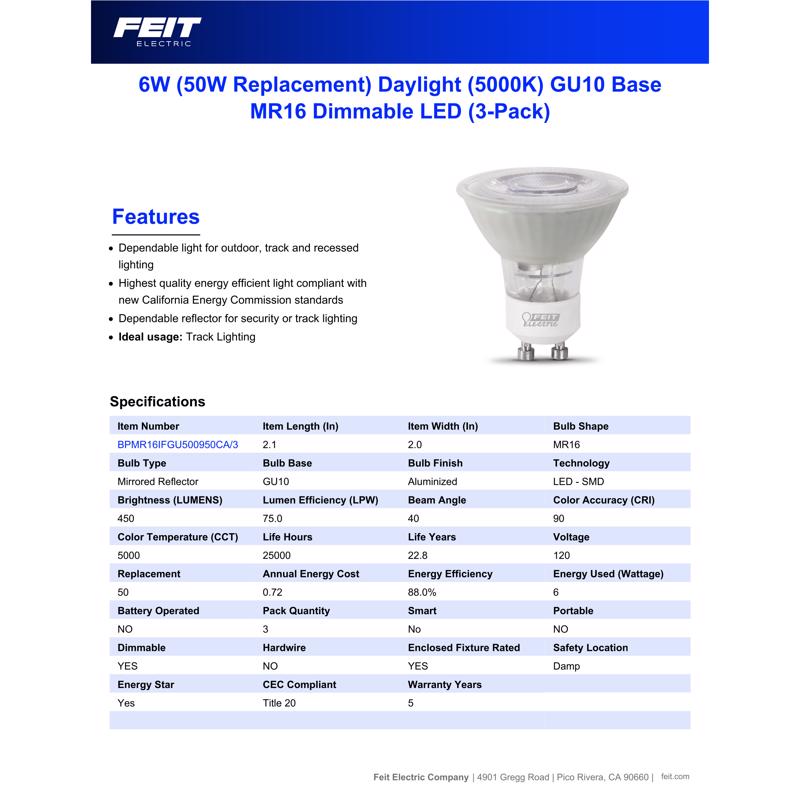 Feit Enhance MR16 GU10 LED Bulb Daylight 50 Watt Equivalence 3 pk