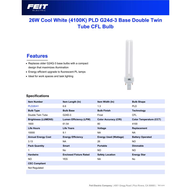 Feit 26 W PL 1.3 in. D X 6.68 in. L CFL Bulb Cool White Specialty 4100 K 1 pk