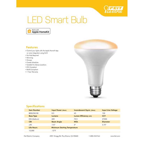 Feit Smart Home BR30 E26 (Medium) Smart-Enabled LED Bulb White 65 Watt Equivalence 1 pk