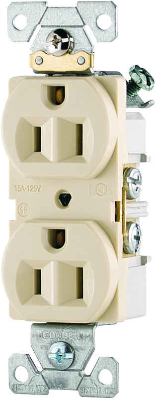Eaton Wiring Devices CR15V Duplex Receptacle, PVC, Ivory, 2-Pole, 15 A, 125 V, Side Wiring, NEMA: 5-15R
