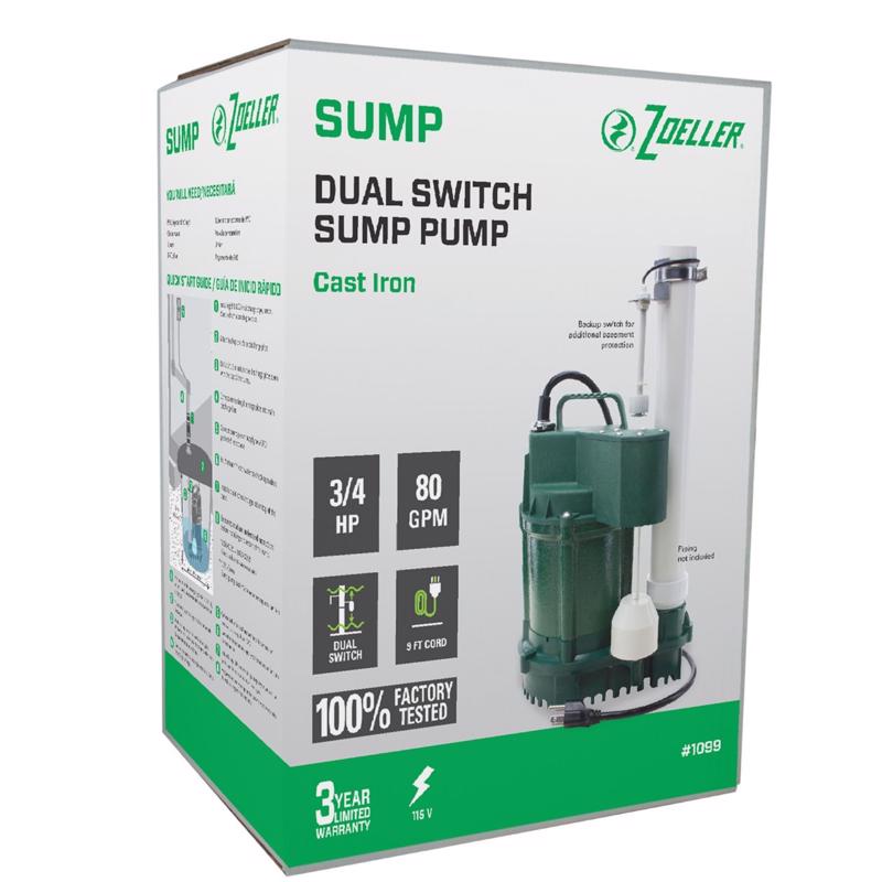 Zoeller 3/4 HP 80 gpm Cast Iron Vertical Float Switch AC Submersible Sump Pump