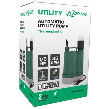 Zoeller 1/3 HP 2100 gph Thermoplastic Electronic Switch Bottom AC Submersible Utility Pump