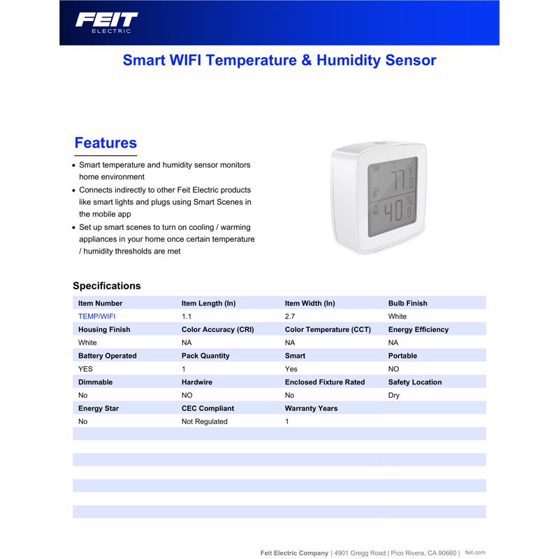 Feit Smart Home Built In WiFi Heating and Cooling Push Buttons Smart-Enabled Temperature & Humidity