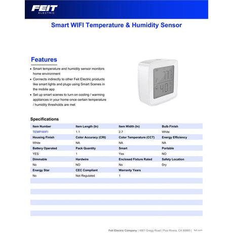Feit Smart Home Built In WiFi Heating and Cooling Push Buttons Smart-Enabled Temperature & Humidity