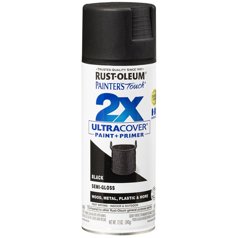 Rust-Oleum Painter's Touch 2X Ultra Cover 334097 Spray Paint, Semi-Gloss, Black, 12 oz, Aerosol Can
