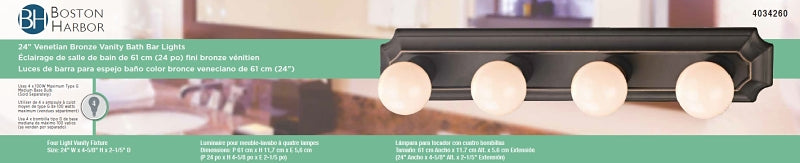 Boston Harbor 045234-VB Vanity Bar Fixture, 100 W, 4-Lamp, G Lamp, Steel Fixture, Venetian Bronze Fixture