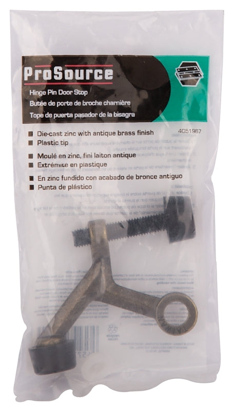ProSource H20-B021-PS Light-Duty Hinge Pin Door Stop, 2-1/4 in Projection, Die-Cast Zinc & Plastic, Antique Brass