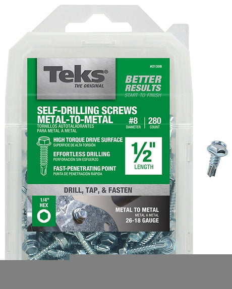 Teks 21308 Screw, #8 Thread, 1/2 in L, Coarse Thread, Hex Drive, Self-Drilling, Self-Tapping Point, Steel, Zinc, 280 PK