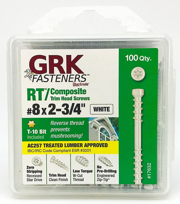 GRK Fasteners RT Series 17632 Screw, #8 Thread, 2-3/4 in L, Reverse Thread, Trim Head, Star Drive, Steel, 100 PK