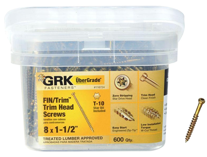 GRK Fasteners 116724 Finishing Screw, #8 Thread, 1-1/2 in L, Trim Head, Star Drive, Steel, 600 PK