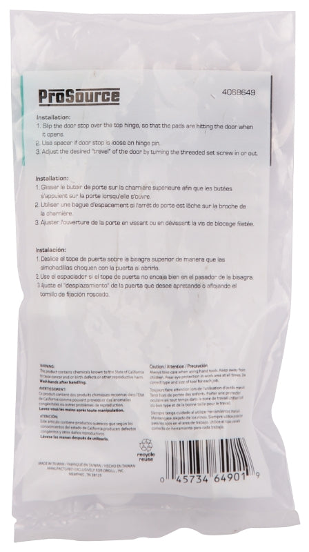 ProSource H20-B022-PS Light-Duty Hinge Pin Door Stop, 2-1/4 in Projection, Die-Cast Zinc & Plastic, Chrome