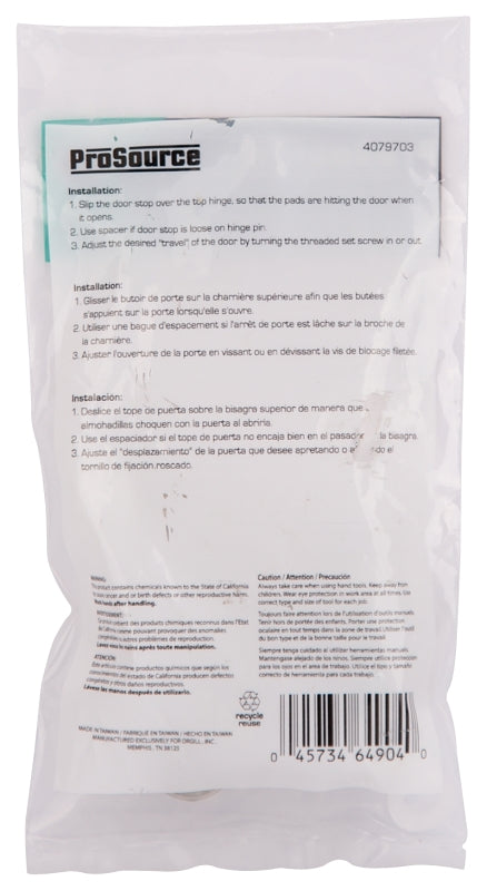 ProSource H20-B023-PS Light-Duty Hinge Pin Door Stop, 2-1/4 in Projection, Die-Cast Zinc & Plastic, Satin Nickel