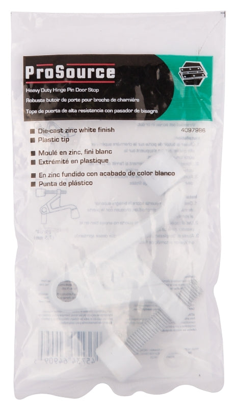 ProSource H20-B038-PS Heavy-Duty Hinge Pin Door Stop, 2-3/4 in Projection, Die-Cast Zinc & Plastic, White