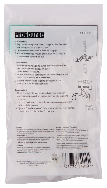 ProSource H20-B033-PS Heavy-Duty Hinge Pin Door Stop, 2-3/4 in Projection, Die-Cast Zinc & Plastic, Satin Nickel